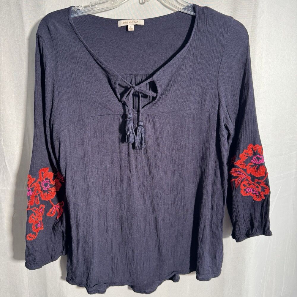Skies Are Blue Women’s Large Navy Embroidered Floral Tassel Tie Peasant Blouse